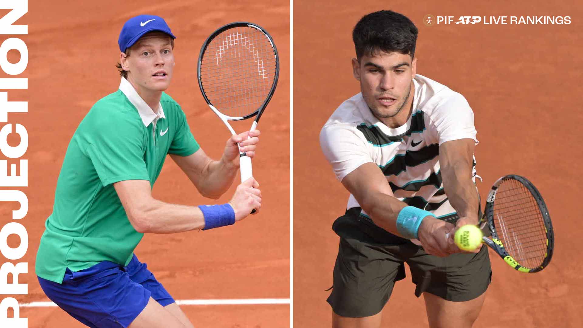 Jannik Sinner and Carlos Alcaraz are the top two players in the PIF ATP Live Rankings.
