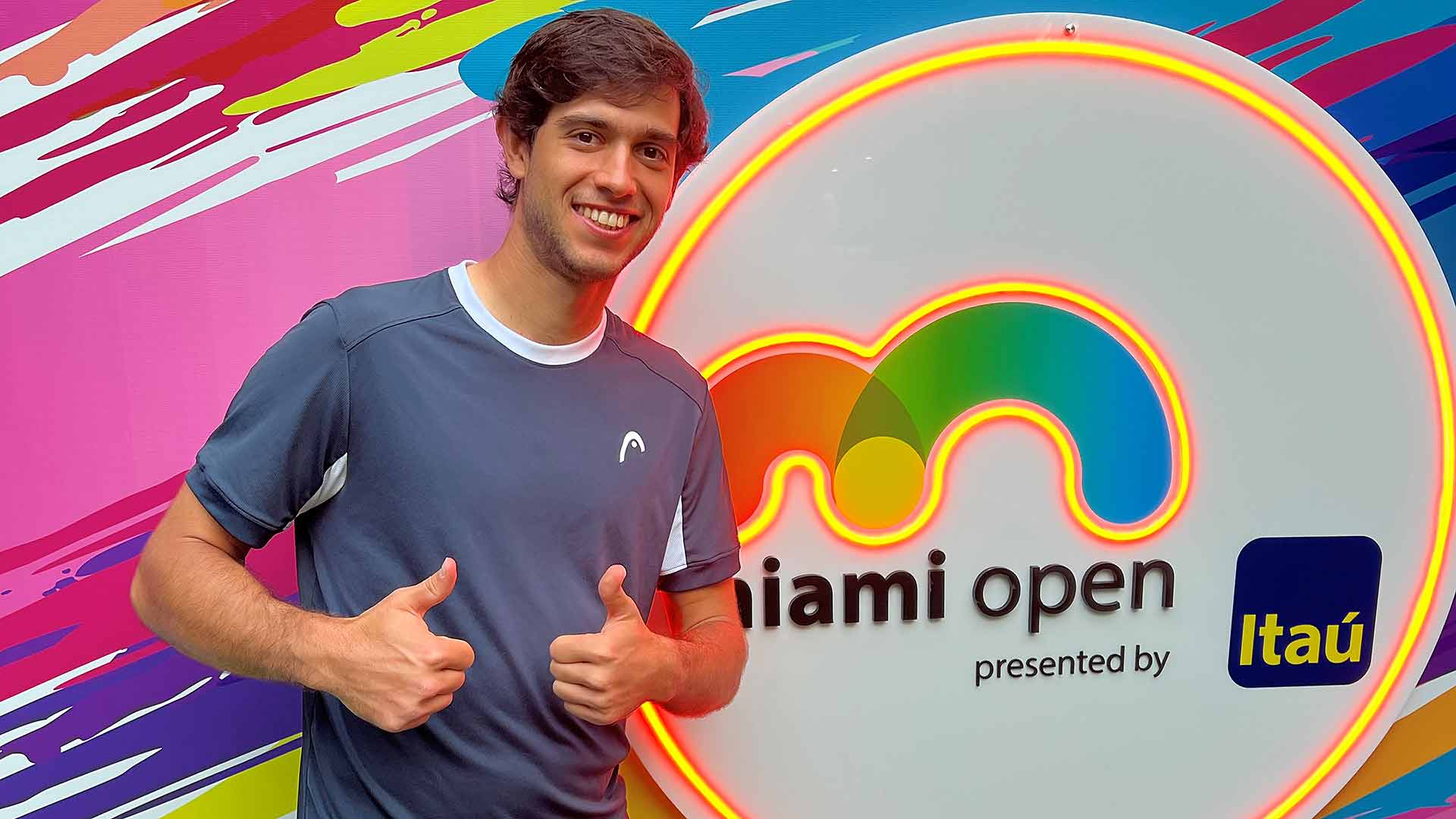 Nuno Borges celebrating his first-round qualifying win at the Miami Open presented by Itau.
