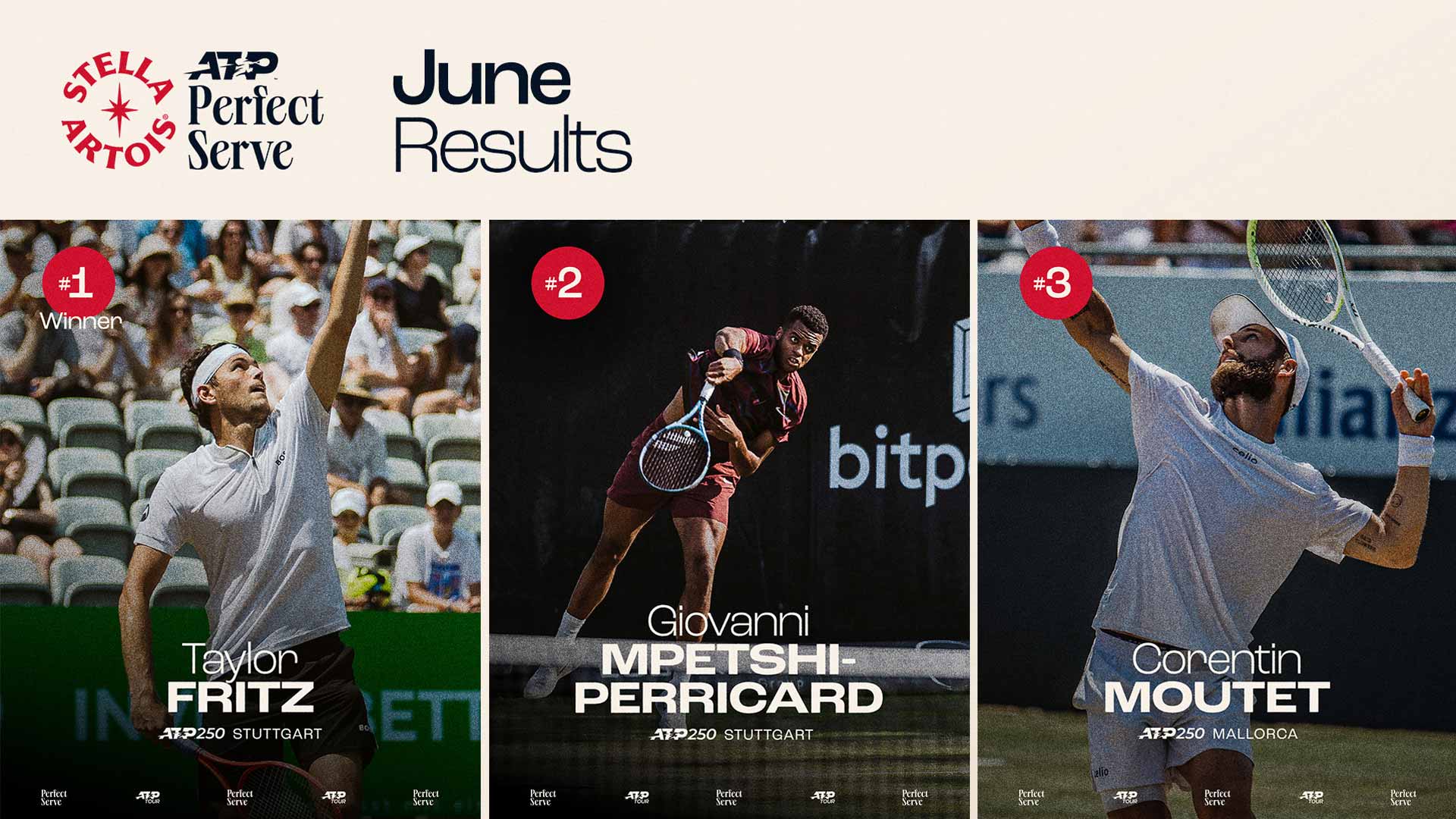 Taylor Fritz beats Giovanni Mpetshi Perricard and Corentin Moutet to win June's fan-voted Stella Artois ATP Perfect Serve.