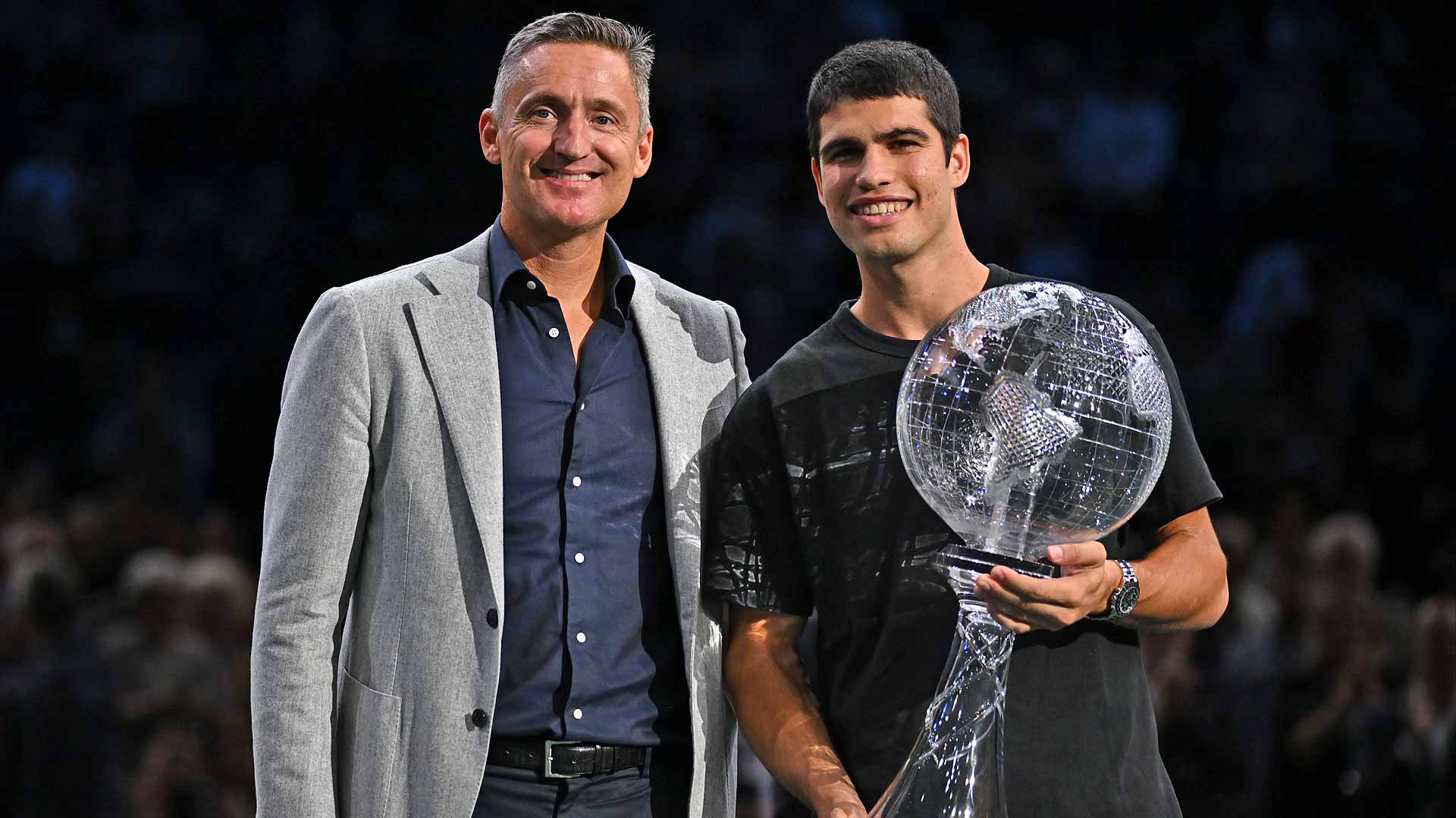 Tennis Player Carlos Alcaraz Presented with No. 1 Trophy, Making