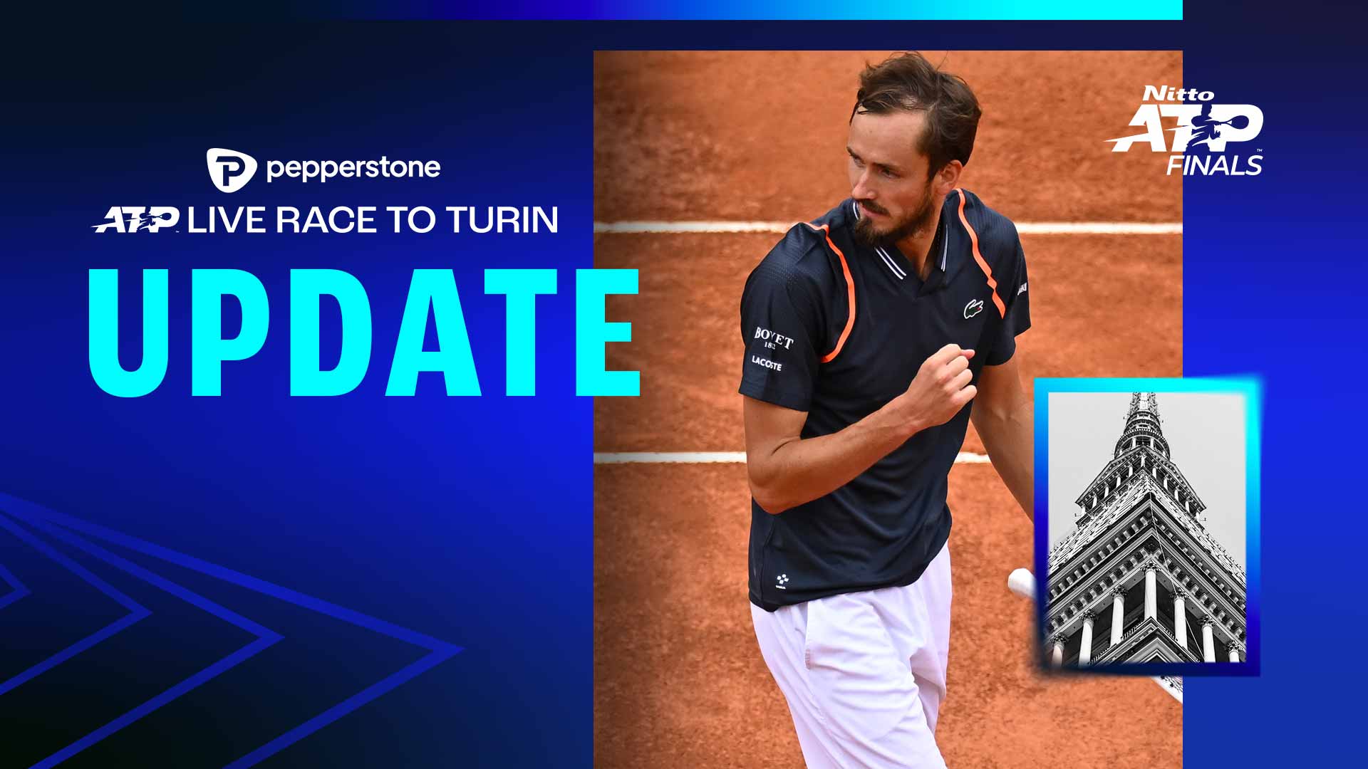 Daniil Medvedev leads the Pepperstone ATP Live Race To Turin after winning the title in Rome.