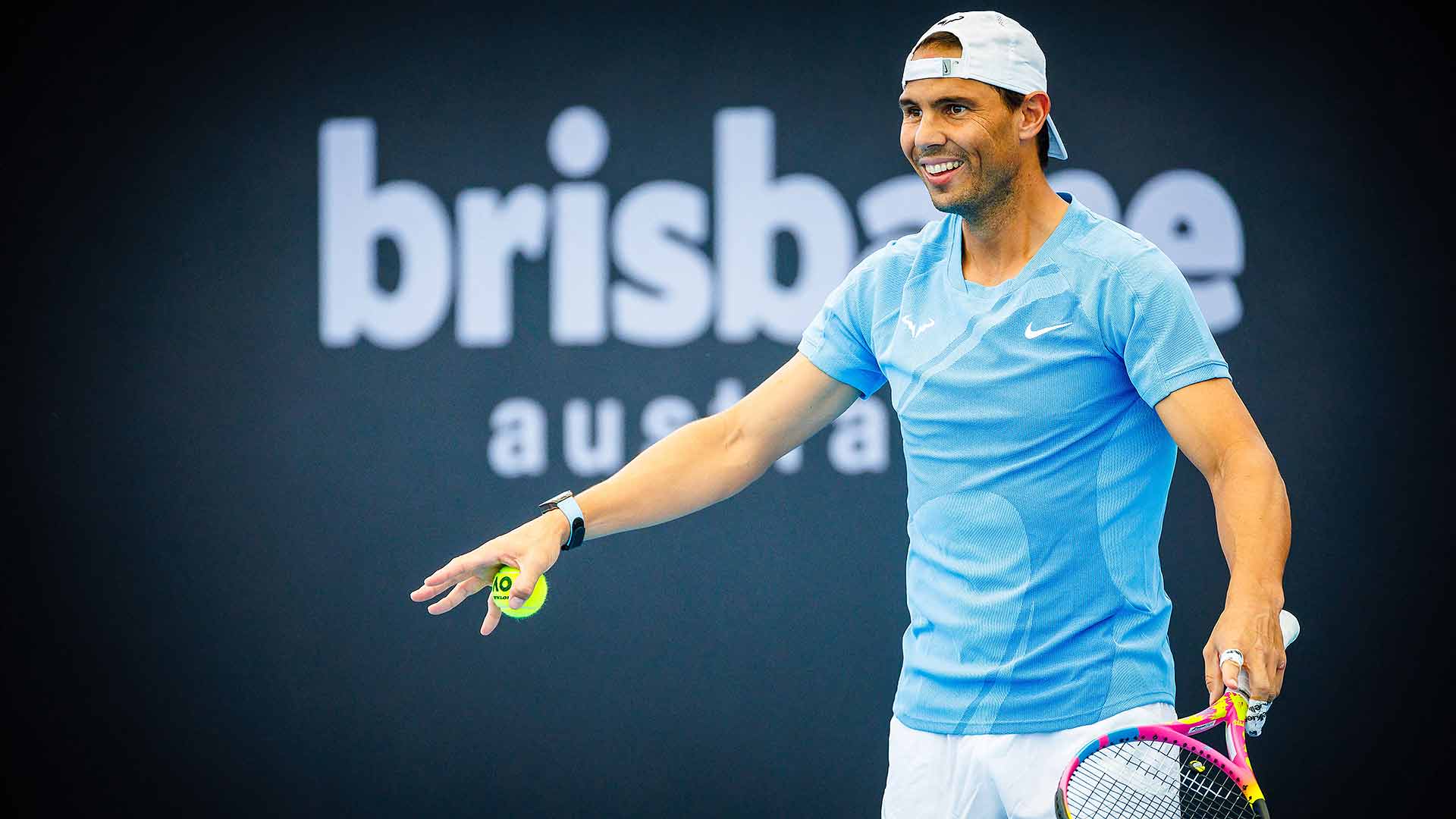 Rafael Nadal takes to the practice court in Brisbane for the first time ahead of the 2024 season.