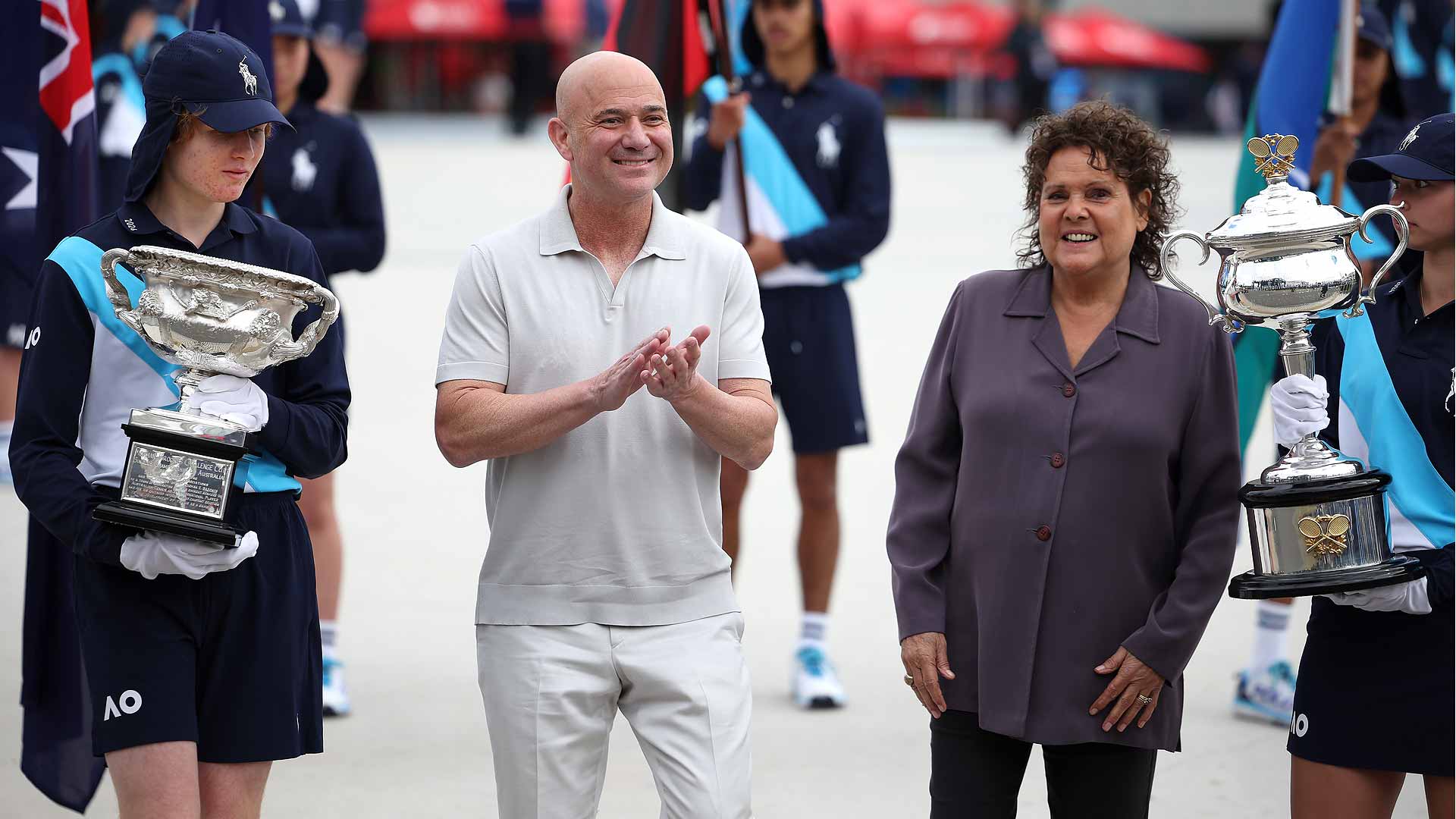 Andre Agassi and Evonne Goolagong Cawley at Melbourne Park on Monday.