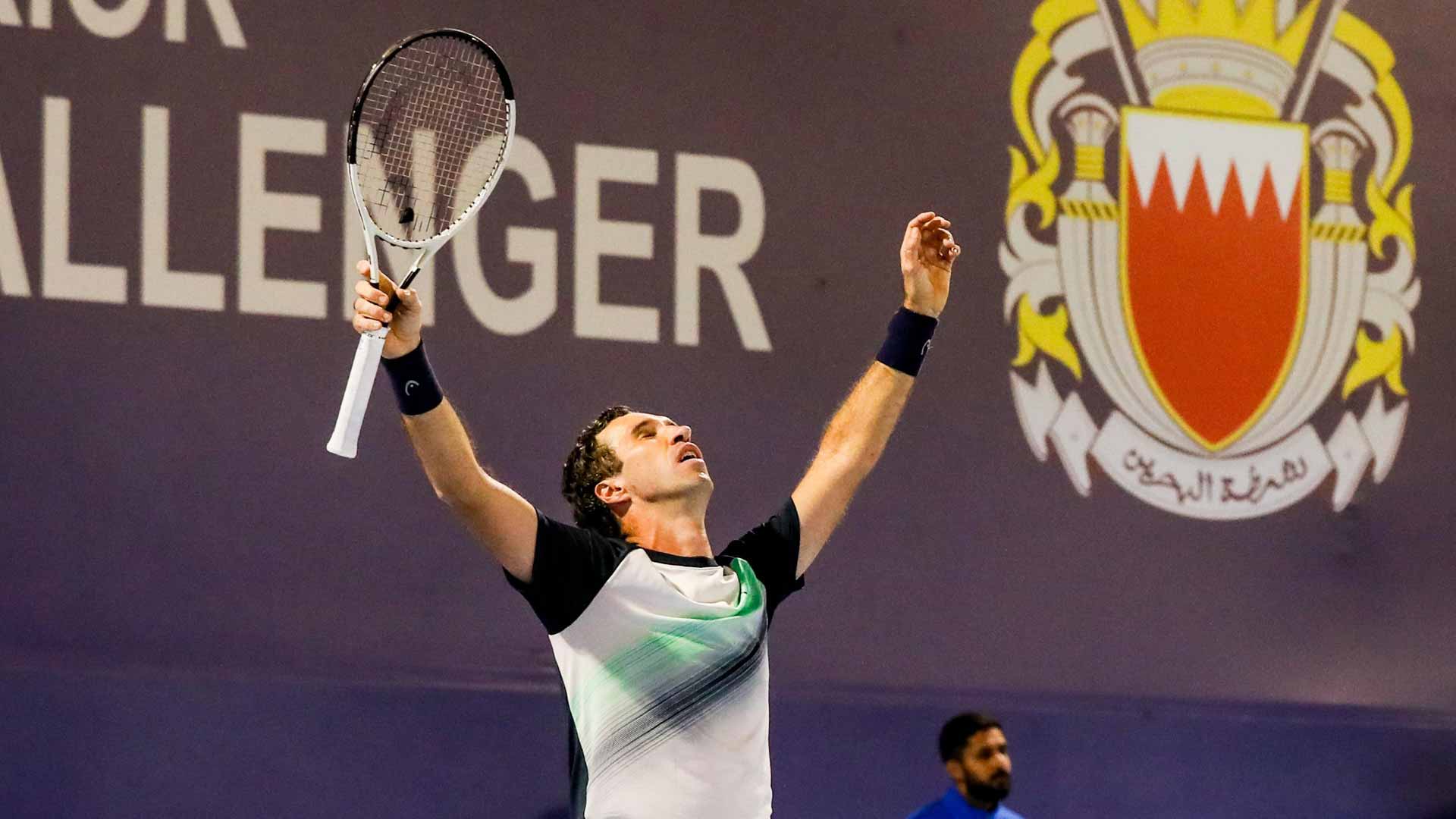<a href='https://www.atptour.com/en/players/mikhail-kukushkin/k926/overview'>Mikhail Kukushkin</a> celebrates winning the Manama Challenger.