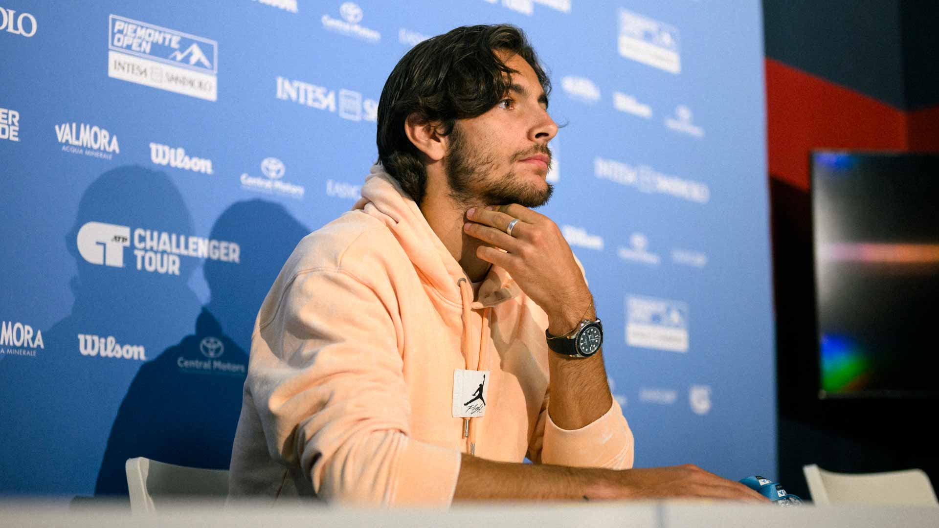 <a href='https://www.atptour.com/en/players/lorenzo-musetti/m0ej/overview'>Lorenzo Musetti</a> during a Wednesday press conference at the Turin Challenger.