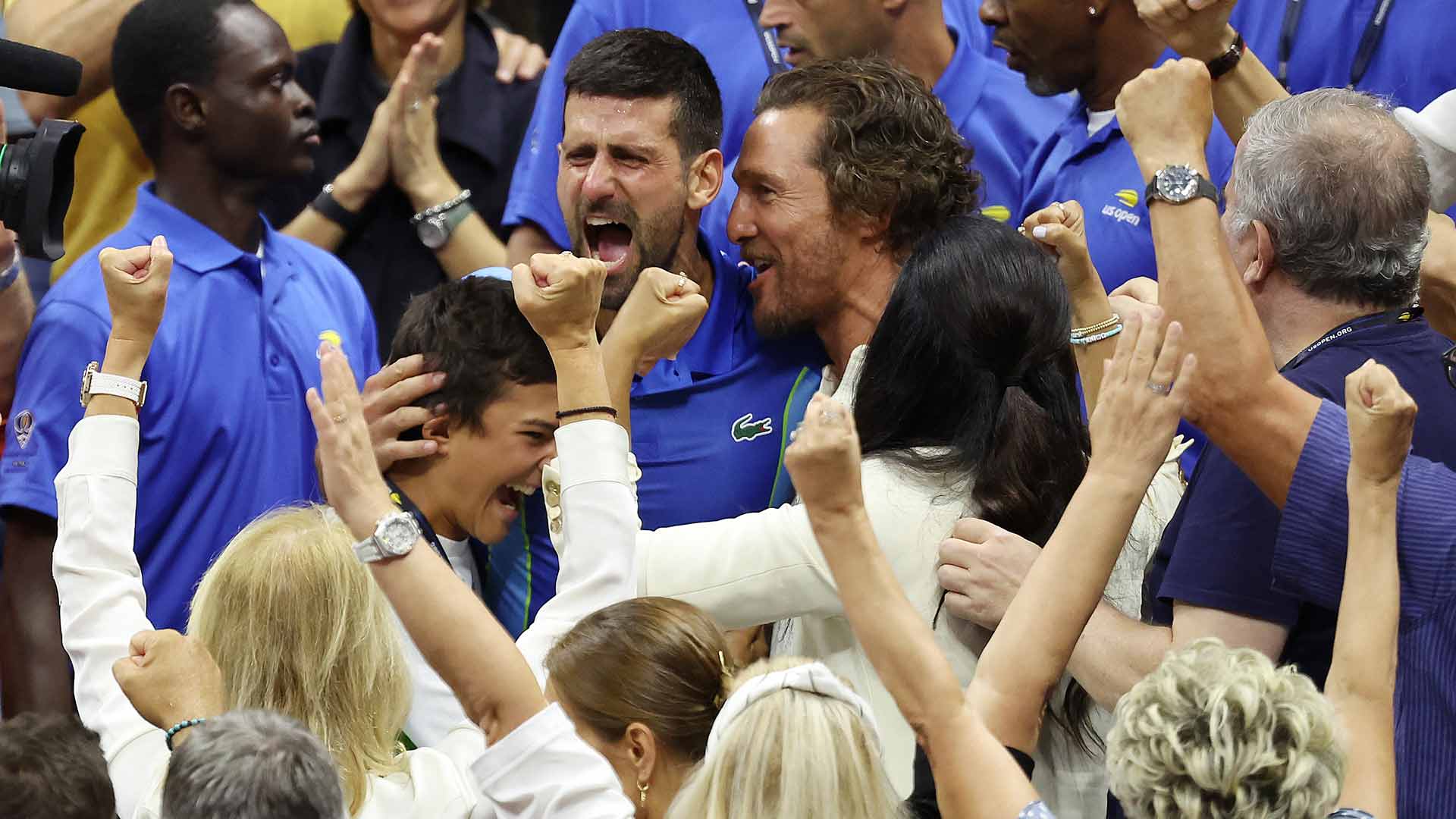 Novak Djokovic celebrates his 2023 US Open title with Matthew McConaughey.