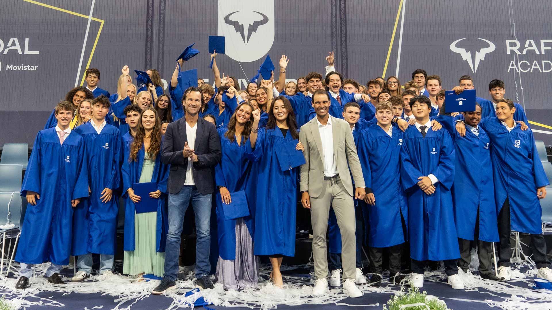 Carlos Moya and Rafael Nadal with the Class of 2024 at the Rafa Nadal Academy by Movistar.