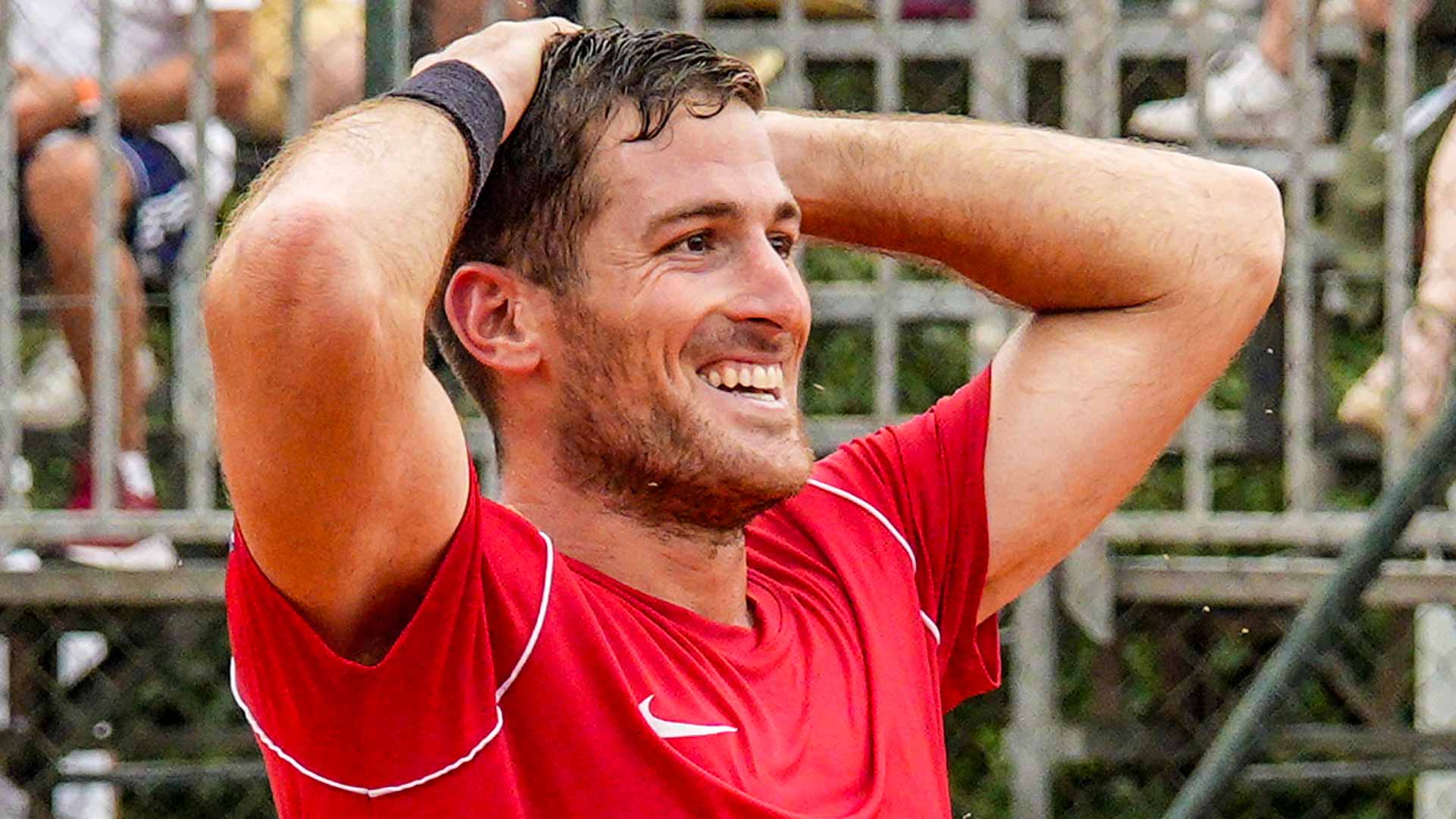 Federico Agustin Gomez celebrates winning the Challenger 75 event in Milan, Italy.
