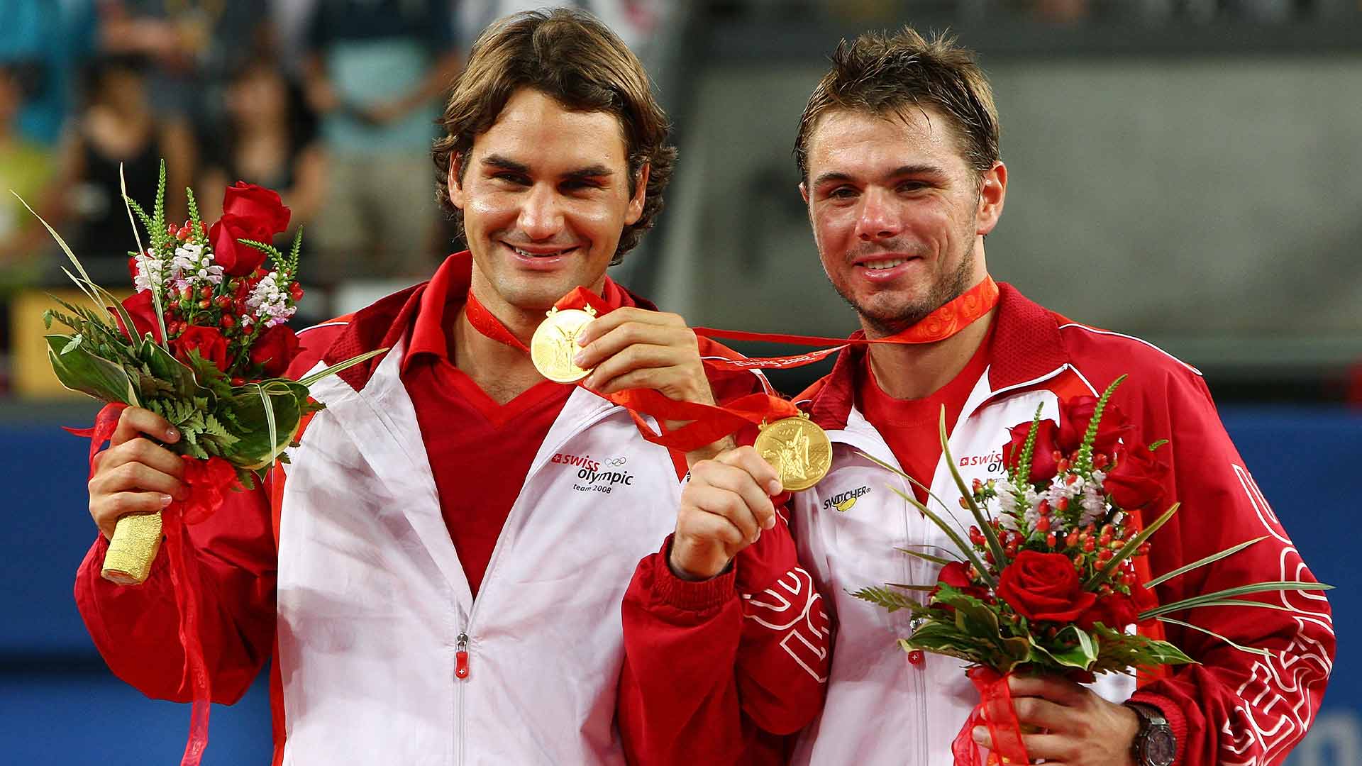 <a href='https://www.atptour.com/en/players/roger-federer/f324/overview'>Roger Federer</a> and <a href='https://www.atptour.com/en/players/stan-wawrinka/w367/overview'>Stan Wawrinka</a> with their doubles Olympic gold medal in 2008.