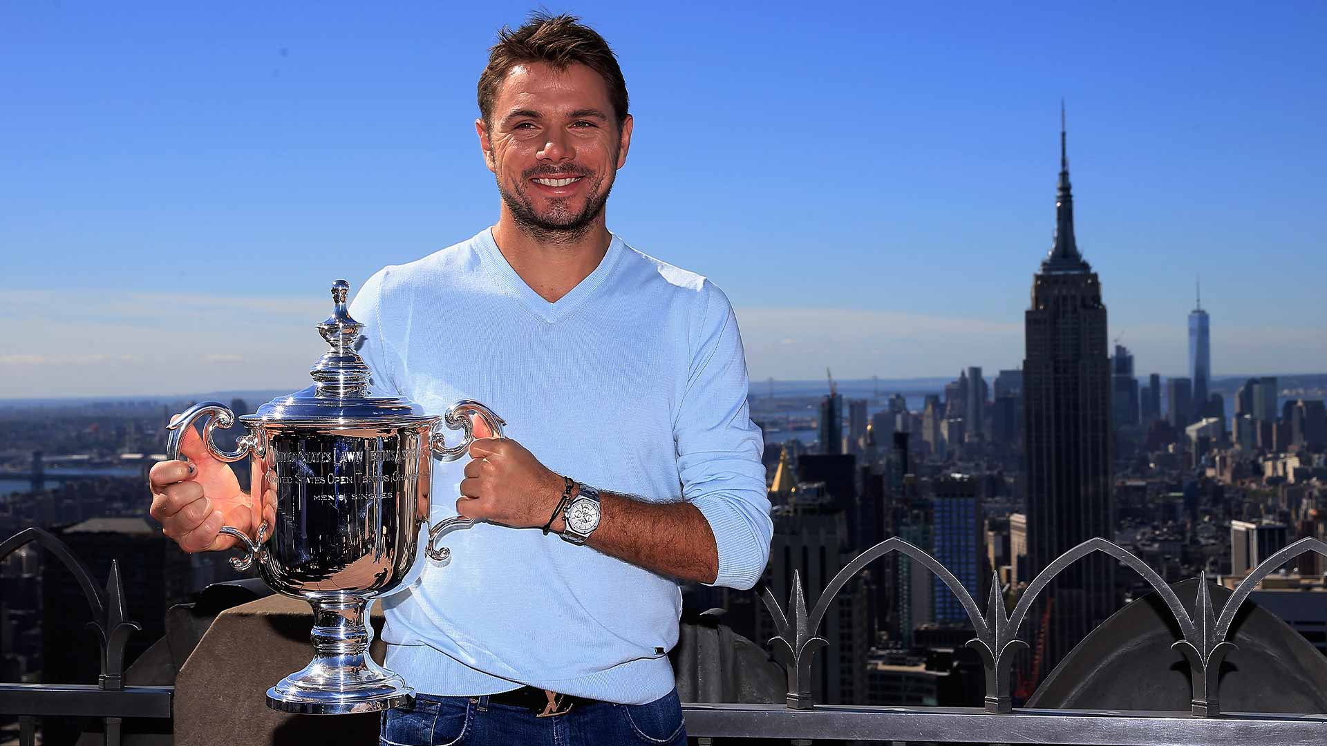 <a href='https://www.atptour.com/en/players/stan-wawrinka/w367/overview'>Stan Wawrinka</a> poses with his <a href='https://www.atptour.com/en/tournaments/us-open/560/overview'>US Open</a> trophy in 2016.